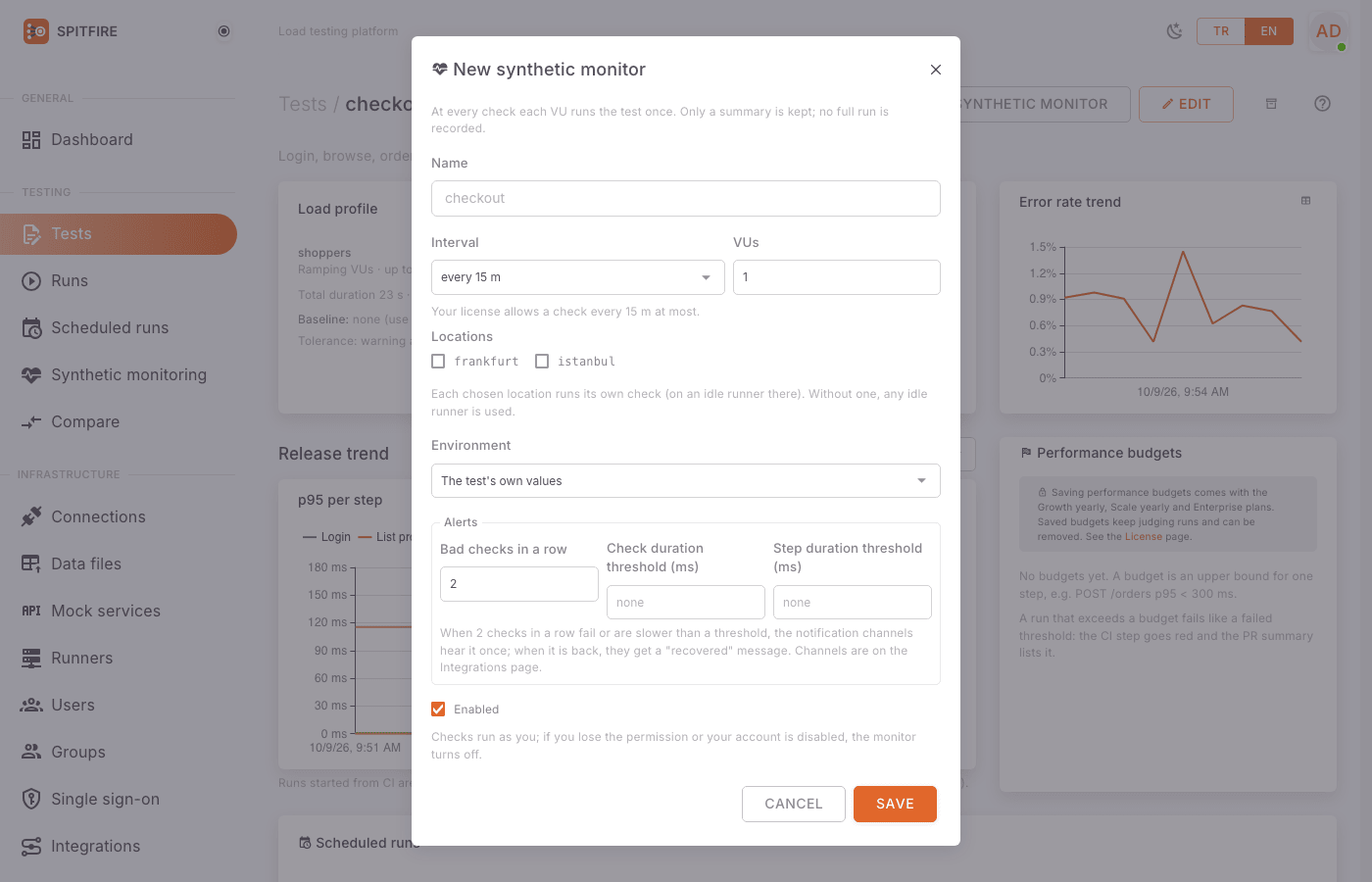 New synthetic monitor dialog