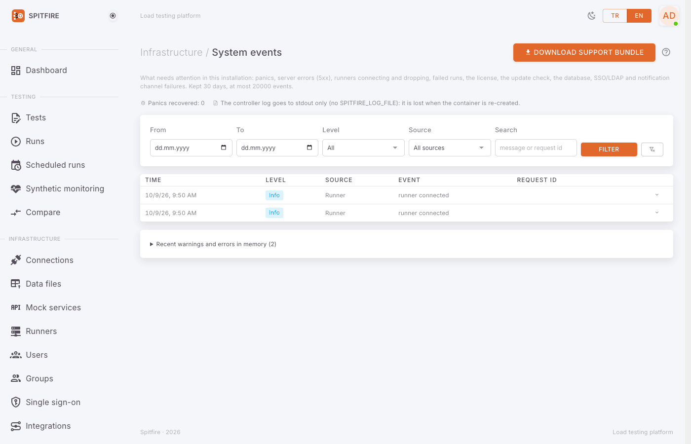 System events page