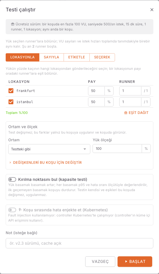 Testi çalıştır penceresi