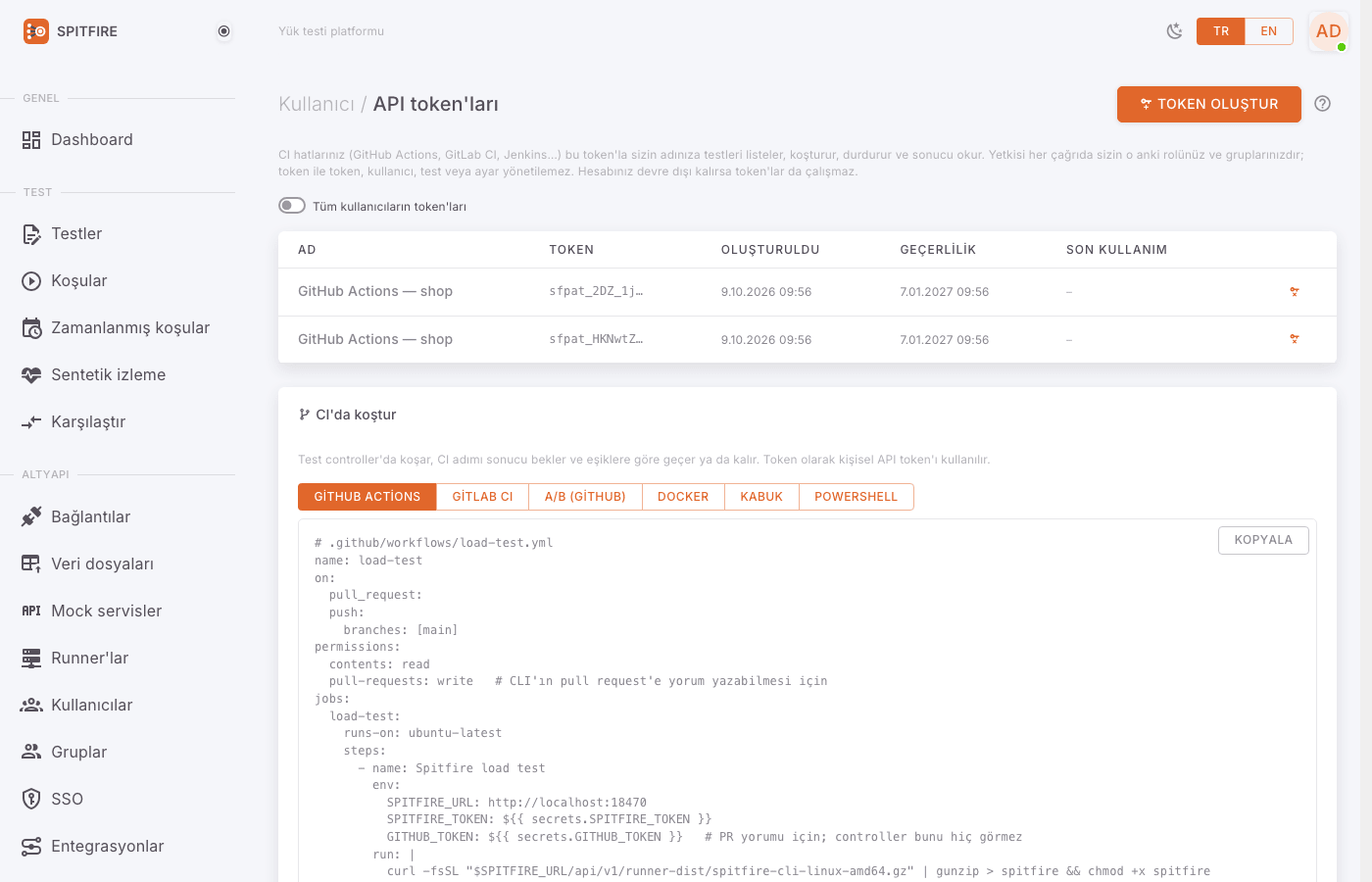 API token'ları sayfası