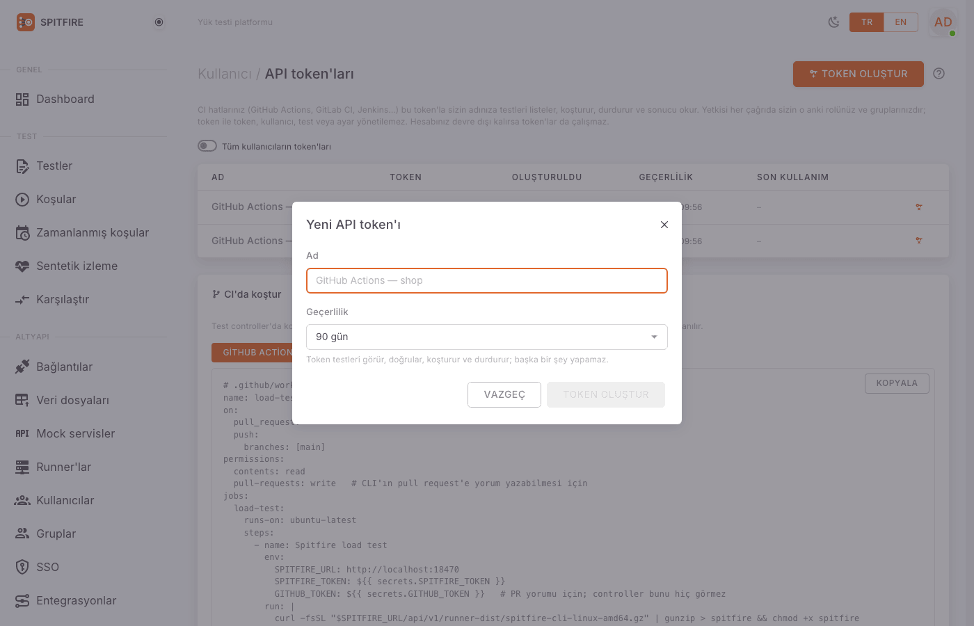 Yeni API token'ı penceresi